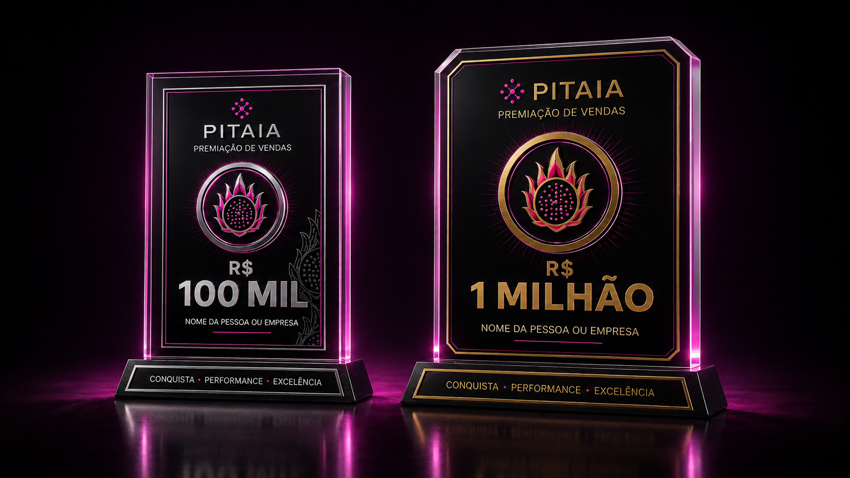 Placas de premiação de R$ 100 mil e R$ 1 milhão em vendas